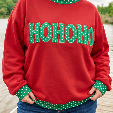 Fiery Red Casual Polka Dot Patchwork Letter Graphic Plus Size Sweatshirt