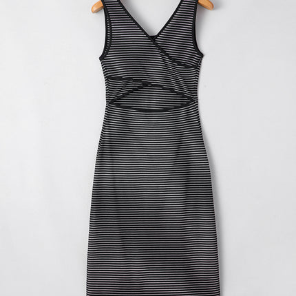 Black Stripe Criss Cross Side Slits Slim Fit Sleeveless Midi Dress