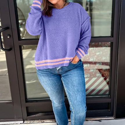 Wisteria Plus Size Striped Trim Drop Shoulder Knit Loose Sweater