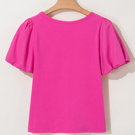 Strawberry Pink Casual Round Neck Bubble Sleeve T-shirt