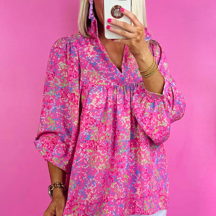 Bonbon Abstract Print Collared V Neck Babydoll Blouse