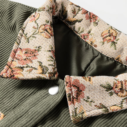Sage Green Ribbed Retro Floral Patchwork Shirt Style Jacket