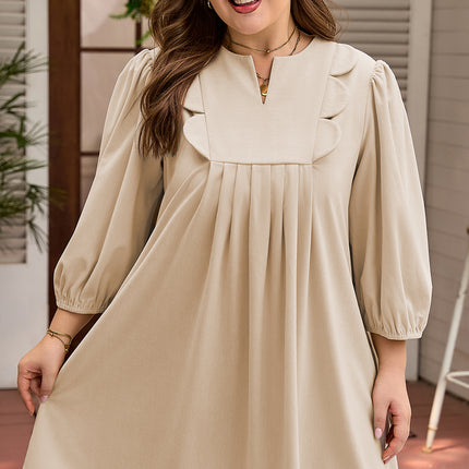 Parchment Notched Neck Scallop Detail Plus Size Mini Dress