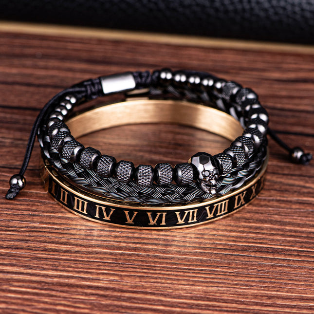 Cross-Section Ghost Head Braided Bracelet Set In Stainless Steel