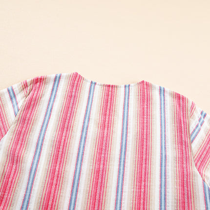 White Stripe Plus Size Embroidered Detail Flared 3/4 Sleeve V Neck Dress