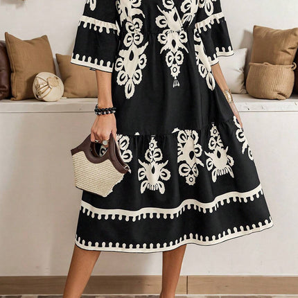 Black Western Geometric Print 3/4 Sleeve Loose Midi Dress