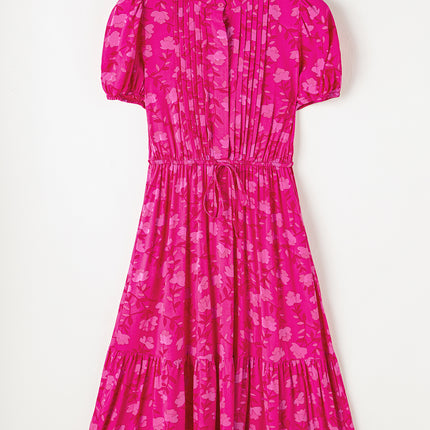 Rose Red Floral Print Pleated Drawstring Flowy Midi Dress