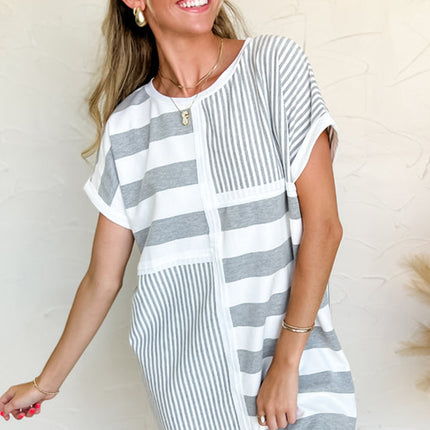 Gray Stripe Mixed Printed Short Sleeve Shift Mini T Shirt Dress