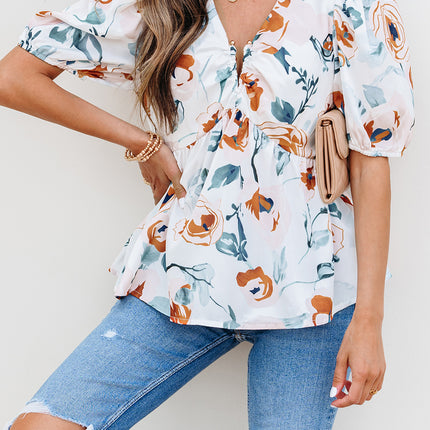 Green Floral Print Puff Sleeve V Neck Babydoll Blouse