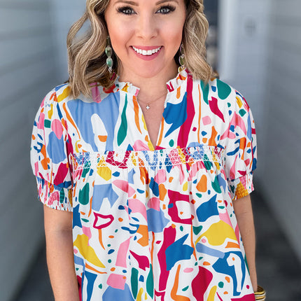 White Abstract Print Shirred Cuff Puff Sleeve Plus Size Blouse