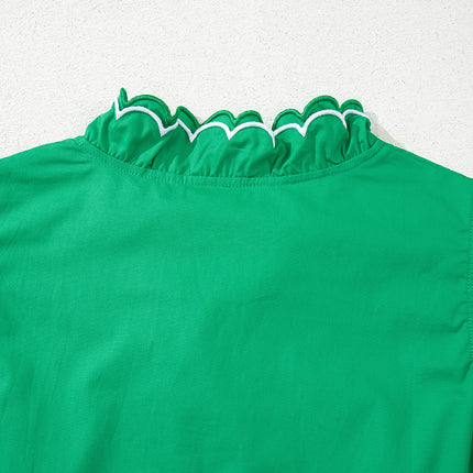 Bright Green Contrast Scallop Trim Layered Short Sleeve V Neck Blouse