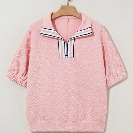 Light Pink Contrast Striped Collar Patchwork Textured Half Sleeve Blouse