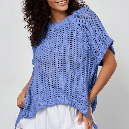 Apricot Plus Size Open Knit Bow Tie Short Sleeve Sweater