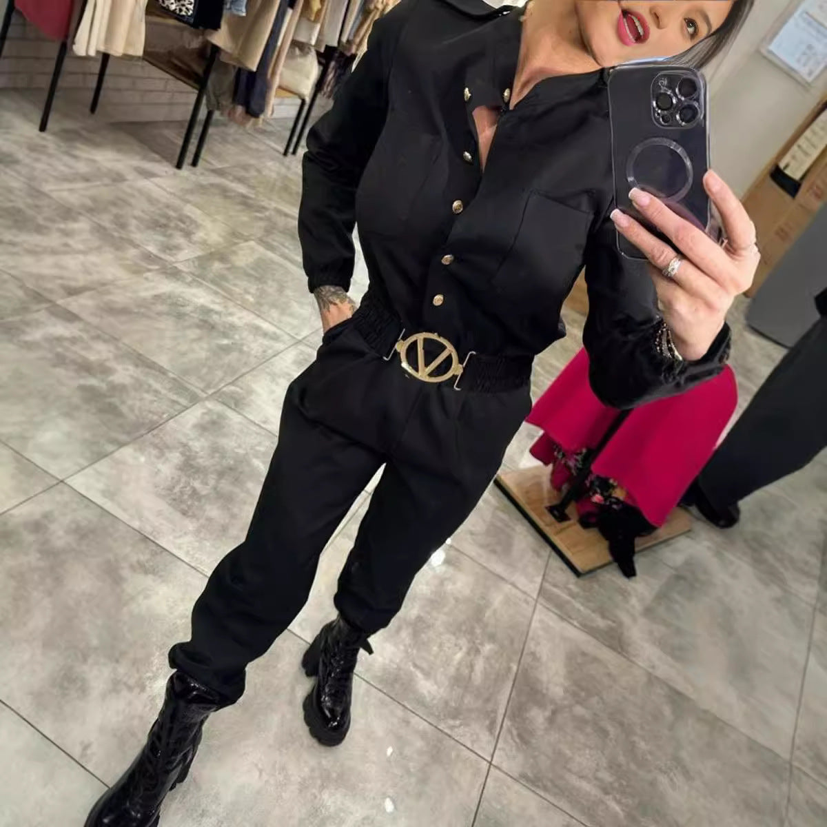 Waist-controlled Long Sleeves Casual Shirt Jumpsuit For Women