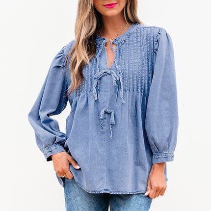 Myosotis Denim Front Pintuck Bow Tie Puff Sleeve Top