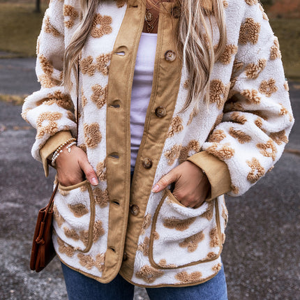 Light French Beige Cute Flower Pattern Button Up Fleece Jacket