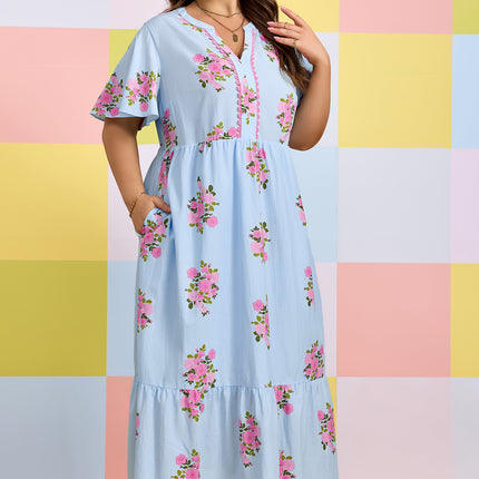 Sky Blue Plus Size Floral Print Scalloped Trim V-Neck Dress