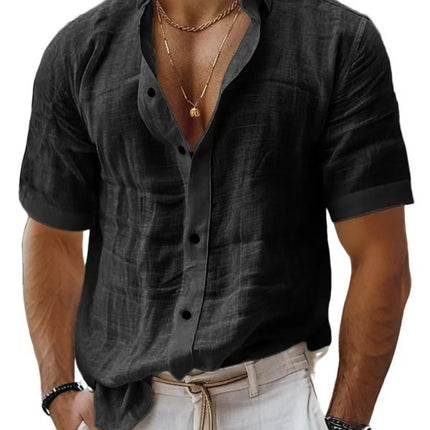 Men's Summer Men's Lapel Shirt Solid Color Short Sleeve Cotton Linen Shirt