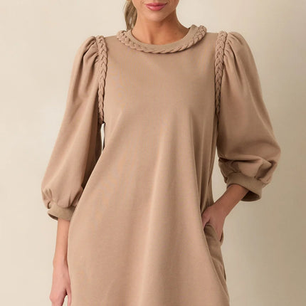 Light French Beige Braided Trim Puff Sleeve Dress