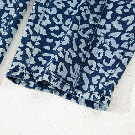 Blue Leopard Printed Drawstring Elastic Waistband Pocketed Wide Leg Jeans