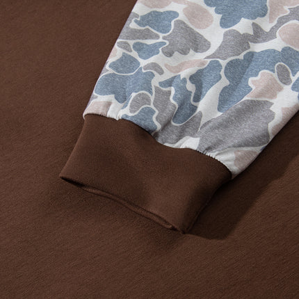 Coffee Mock Neck Camo Patchwork Drop Shoulder Plus Size Sweatshirt