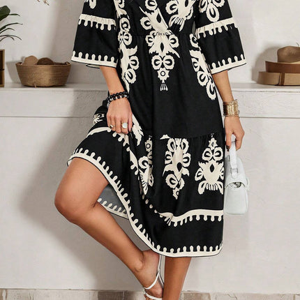 Black Western Geometric Print 3/4 Sleeve Loose Midi Dress
