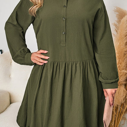 Four Leaf Clover Plus Size Collar Half Button Long Sleeve Ruffle Hem Mini Dress