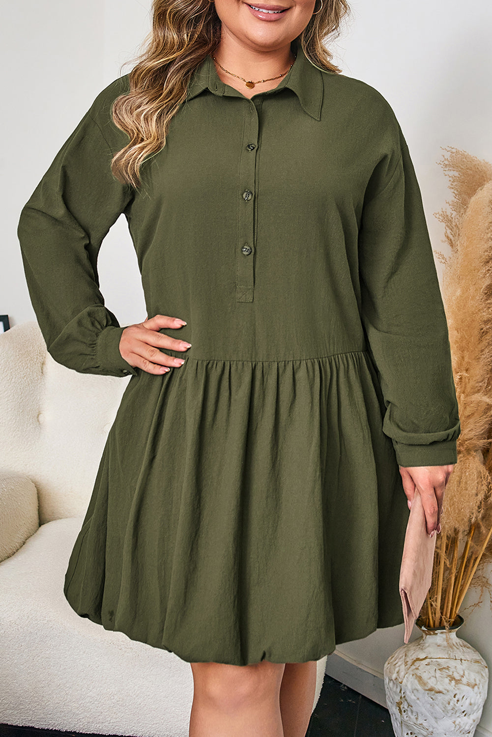 Four Leaf Clover Plus Size Collar Half Button Long Sleeve Ruffle Hem Mini Dress