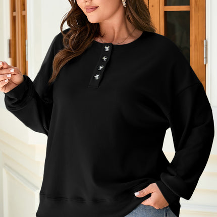 Black Solid Button Placket Crew Neck Plus Size Sweatshirt