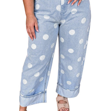 Sky Blue Polka Dot Full Length Regular Fit Plus Size Jeans
