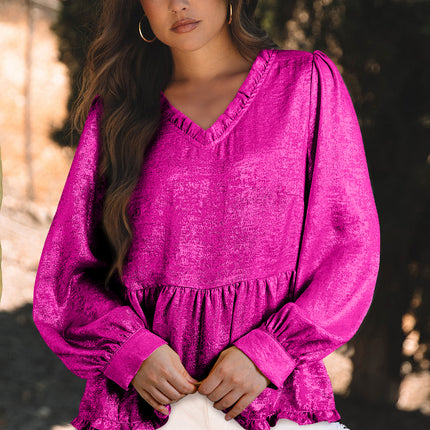 Rose Red Metallic Frilled V Neck Puff Sleeve Babydoll Blouse