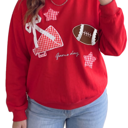 Racing Red Rugby Game Day Patchwork Graphic Plus Size Sweatshirt