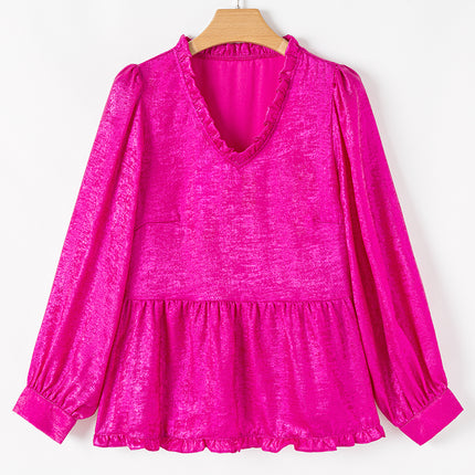 Rose Red Metallic Frilled V Neck Puff Sleeve Babydoll Blouse
