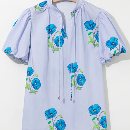 Sky Blue Floral Print Tie Split Neck Short Puff Sleeve Blouse