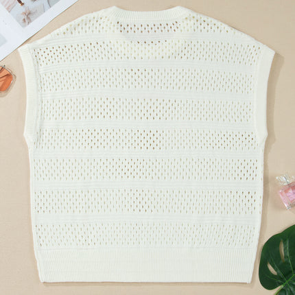 White Plus Size Eyelet Hollow Out Knit Ribbed Trim Short Sleeve Dolman Sweater