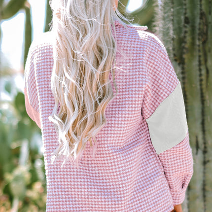Pink Houndstooth Color Contrast Textured Patchwork Loose Shacket