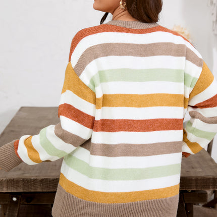 Multicolour Striped Colorblock Drop Shoulder Plus Size Sweater