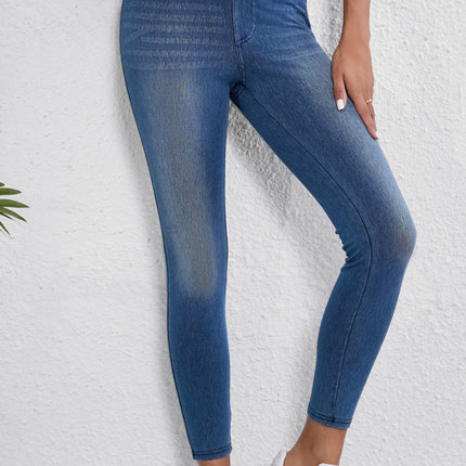 Navy Blue Skinny Elastic Waist Ankle Length Mid Waist Jeggings with Pockets