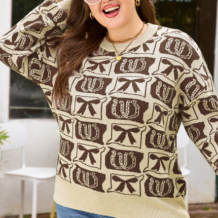 Brown Bow Horseshoe Print Checkered Plus Size Sweater