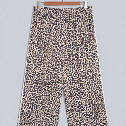 Beige Plus Size Leopard Print Side Stripes Detail Casual Pants