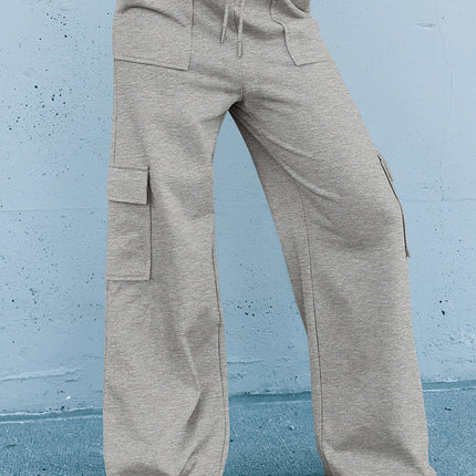 Light Grey Multi Pockets Lace-up High Waist Wide Leg Workout Pants