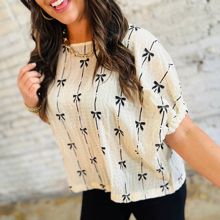 Beige Bow Print Puff Short Sleeve Top