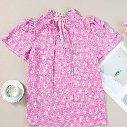 Pink Vintage Floral Ruffled Split Neck Short Sleeve Blouse
