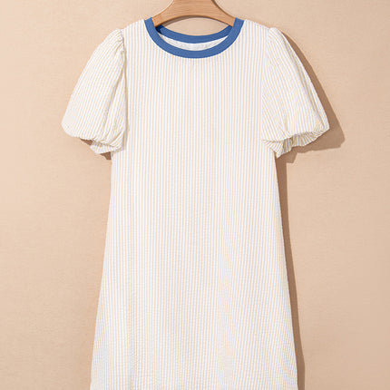 Beige Stripe Seersucker Contrast Round Neck Puff Sleeve T Shirt Dress