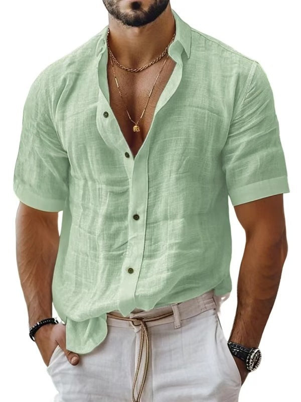 Men's Summer Men's Lapel Shirt Solid Color Short Sleeve Cotton Linen Shirt