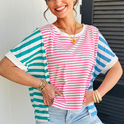 Pink Stripe Mixed Pattern Patchwork Uneven Hem Loose Tee