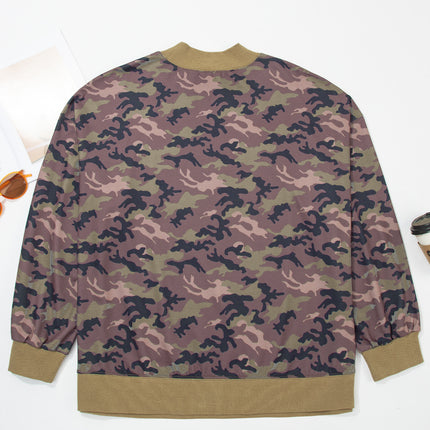 Green Camouflage Print High Neck Long Sleeve Oversized Shift Silhouette Tunic Length Plus Size Sweatshirt