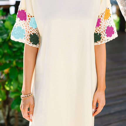 White Floral Crochet Splicing Sleeve T Shirt Dress