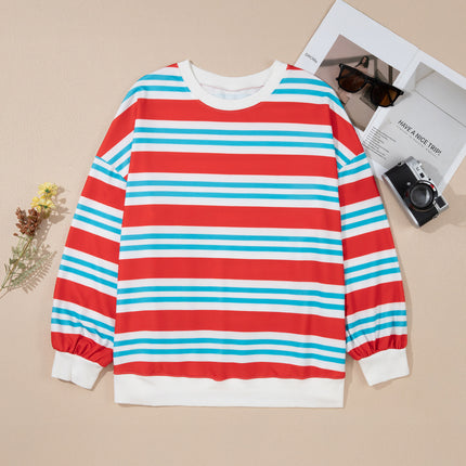 Red Stripe Striped Colorblock Long Sleeve Round Neck Tunic Plus Size Sweatshirt