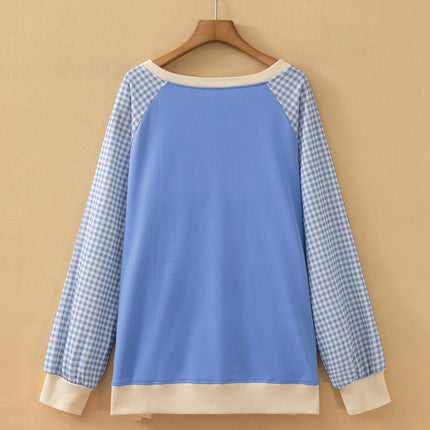 Light Blue Plaid Sleeve Ribbed Colorblock Trim Plus Size Sweatshirt